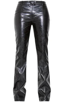 Tall Black Faux Leather Low Rise Textured Straight Leg Pants