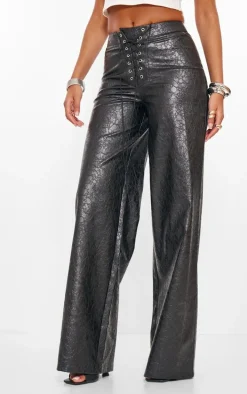 Tall Black Faux Leather Lace Up Front Straight Leg Pants
