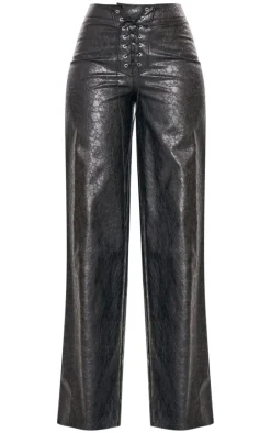 Tall Black Faux Leather Lace Up Front Straight Leg Pants