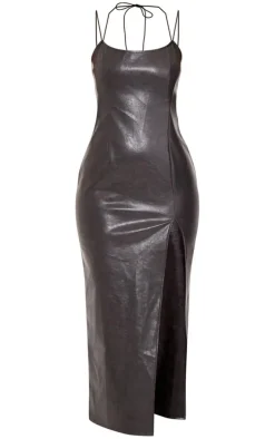 Tall Black Faux Leather Split Detail Midaxi Dress