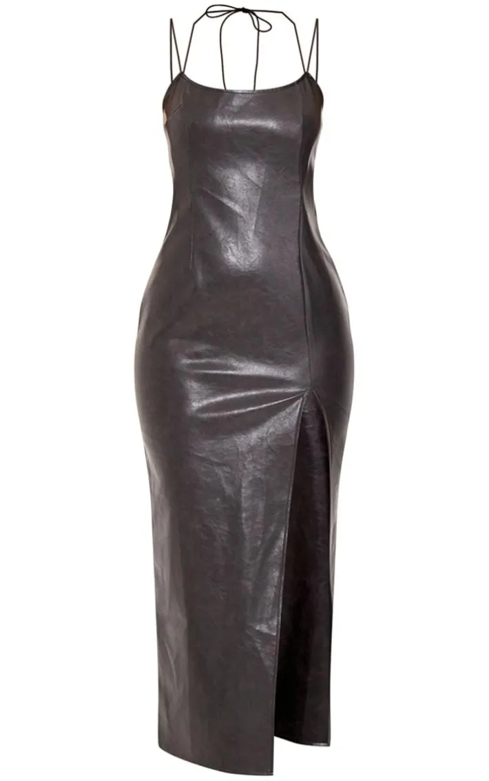Tall Black Faux Leather Split Detail Midaxi Dress