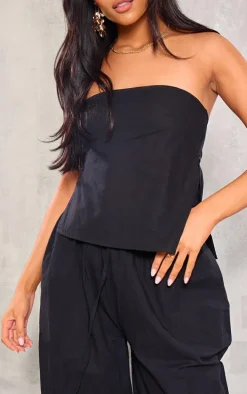 Tall Black Faux Linen Asymmetric Bandeau Top