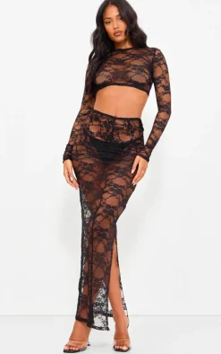 Tall Black Floral Lace Ruched Maxi Skirt