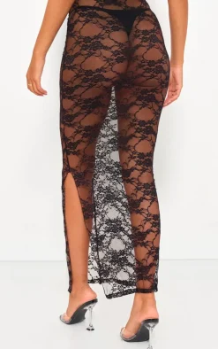 Tall Black Floral Lace Ruched Maxi Skirt