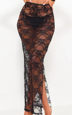Tall Black Floral Lace Ruched Maxi Skirt