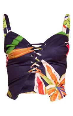 Tall Black Floral Print Lace Up Crop Top