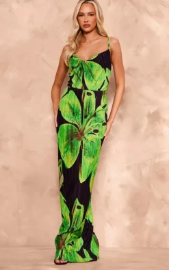 Tall Black Floral Print Plisse Strappy Maxi Dress