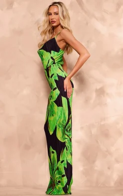 Tall Black Floral Print Plisse Strappy Maxi Dress