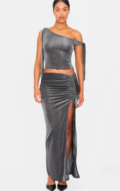Tall Black Glitter Ruched Split Midaxi Skirt