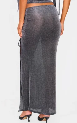 Tall Black Glitter Ruched Split Midaxi Skirt