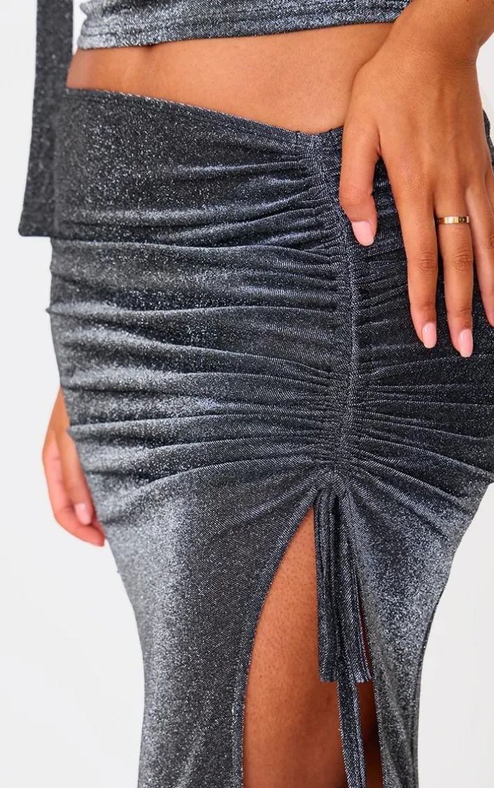Tall Black Glitter Ruched Split Midaxi Skirt