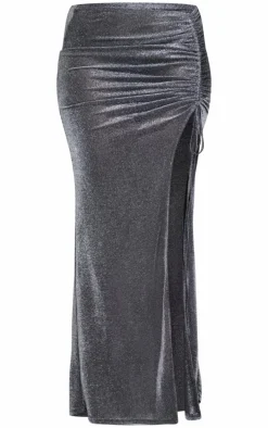 Tall Black Glitter Ruched Split Midaxi Skirt