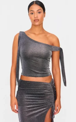 Tall Black Glitter Tie Side Crop Top