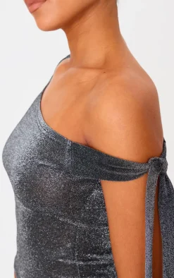 Tall Black Glitter Tie Side Crop Top