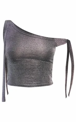 Tall Black Glitter Tie Side Crop Top