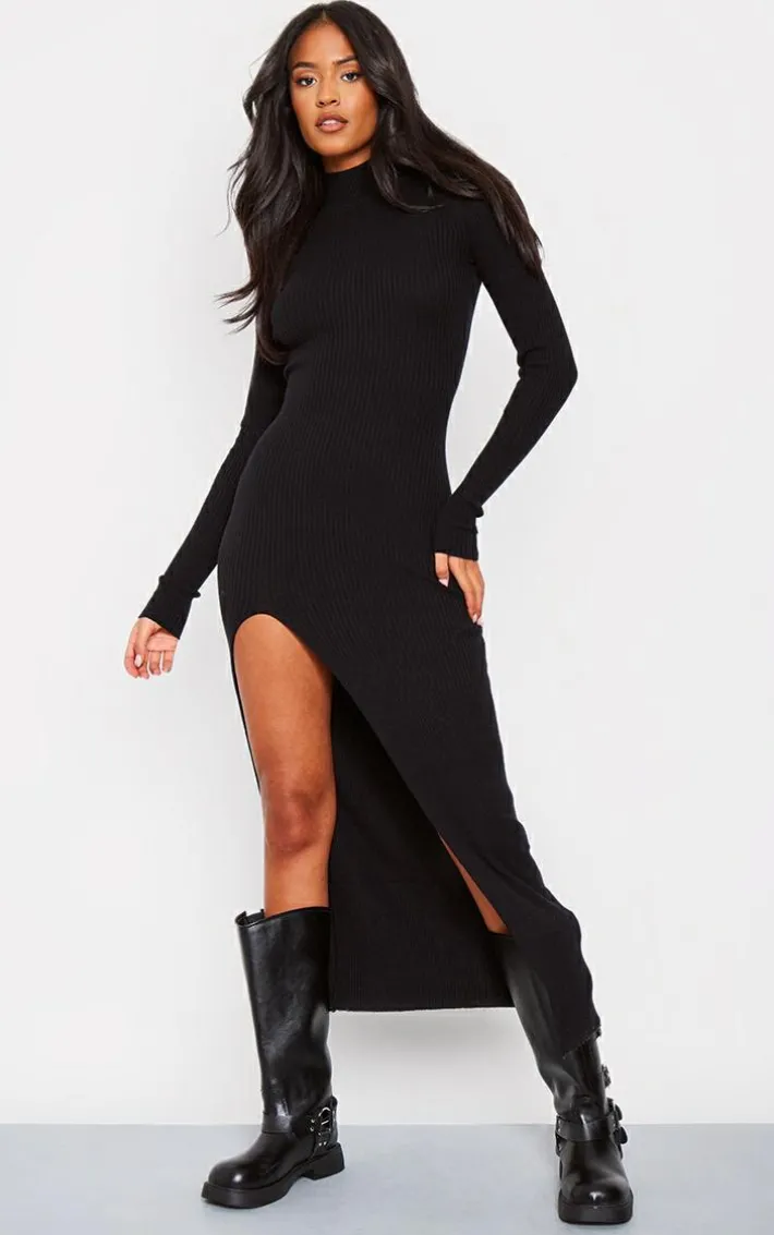 Tall Black Knitted Ribbed Side Split Maxi Dress