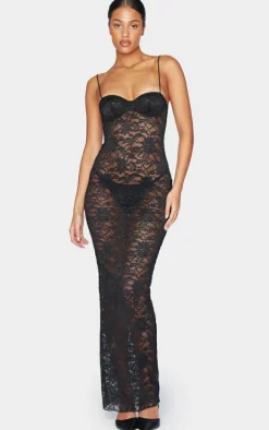 Tall Black Lace Boned Cup Detail Maxi Dress