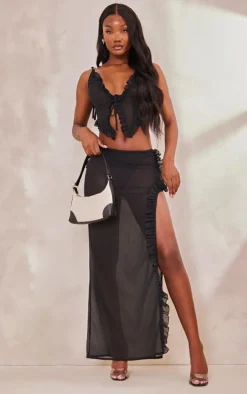 Tall Black Mesh Split Detail Maxi Skirt