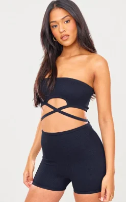 Tall Black Mid Tie Waist Detail Snatched Rib Romper