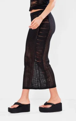 Tall Black Open Knit Distressed Detail Midi Skirt