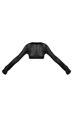 Tall Black Open Knit Long Sleeve High Neck Top