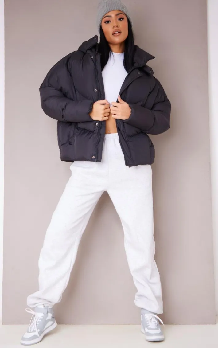 Tall Black Oversized Curved Panel Wadded Puffer Jacket