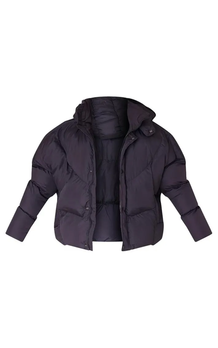 Tall Black Oversized Curved Panel Wadded Puffer Jacket