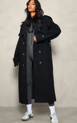 Tall Black Oversized Double Breasted Military Trim Coat