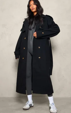 Tall Black Oversized Double Breasted Military Trim Coat