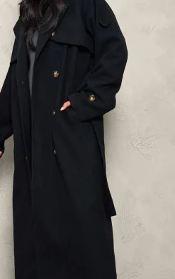Tall Black Oversized Double Breasted Military Trim Coat