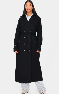 Tall Black Panel Detail Belted Trench Coat