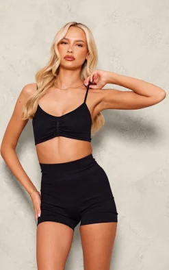 Tall Black Ruched Detail Snatched Rib Bralette