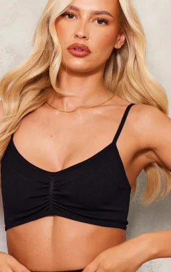 Tall Black Ruched Detail Snatched Rib Bralette