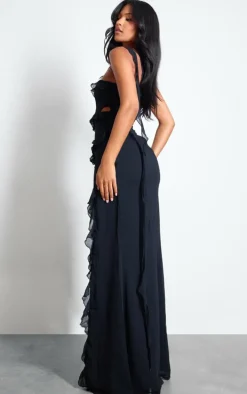 Tall Black Ruffle Asymmetric One Shoulder Maxi Dress