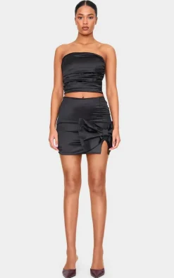 Tall Black Satin Bow Detail Mini Skirt