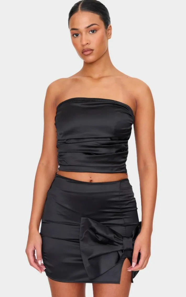 Tall Black Satin Bow Detail Mini Skirt