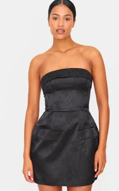 Tall Black Satin Floral Jacquard Bandeau Mini Dress