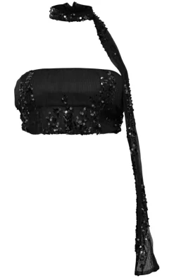 Tall Black Sequin Detail Bandeau Crop Top