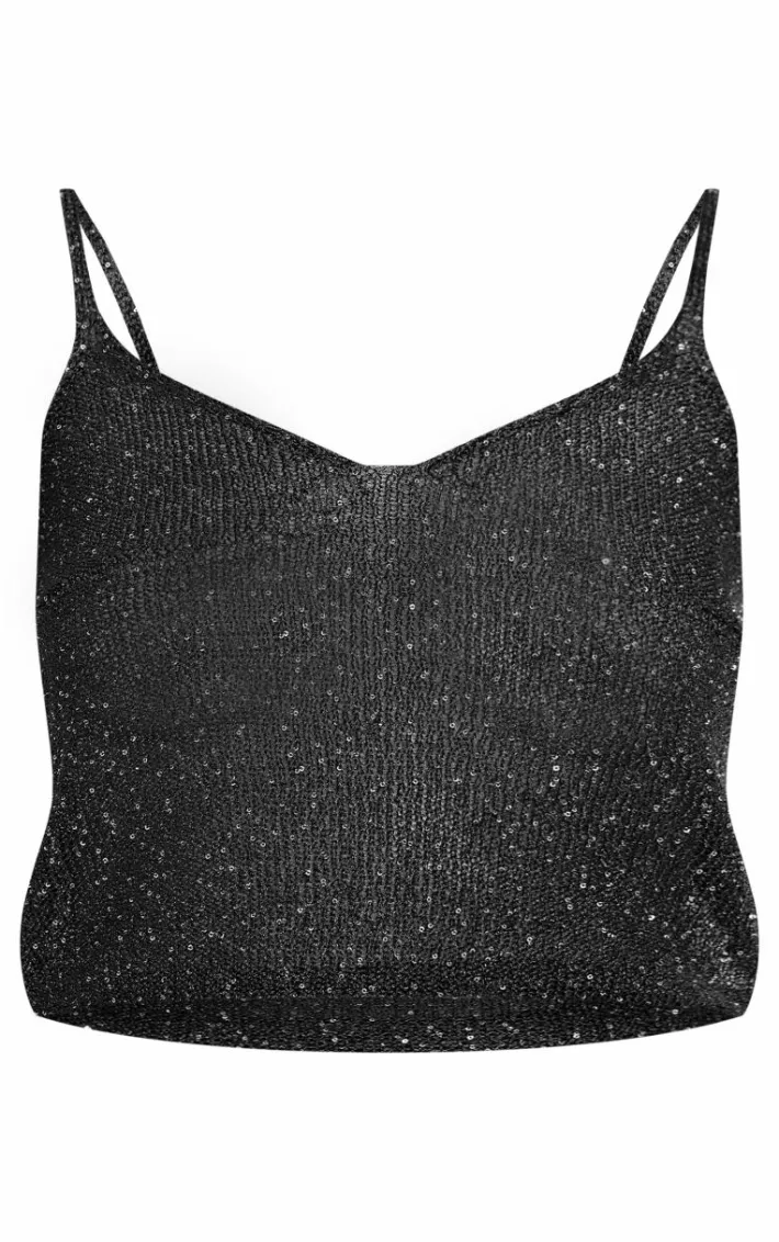 Tall Black Sequin Detail Knitted Cami Top
