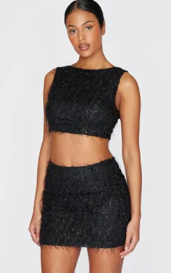 Tall Black Sequin Detail Open Back Crop Top