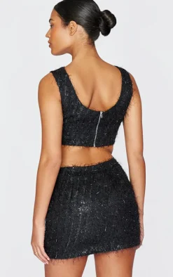 Tall Black Sequin Detail Open Back Crop Top