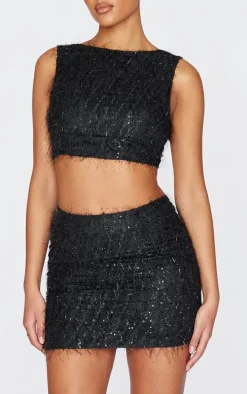 Tall Black Sequin Detail Open Back Crop Top