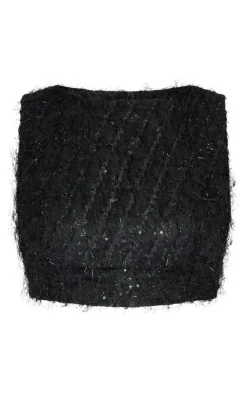 Tall Black Sequin Detail Open Back Crop Top