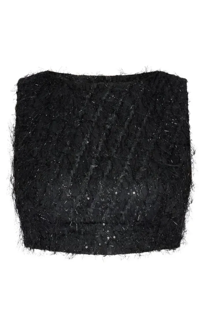 Tall Black Sequin Detail Open Back Crop Top