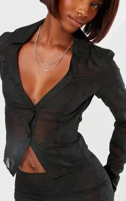 Tall Black Sheer Floral Mesh Fitted Shirt