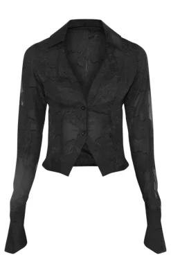 Tall Black Sheer Floral Mesh Fitted Shirt