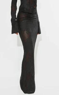 Tall Black Sheer Floral Mesh Maxi Skirt