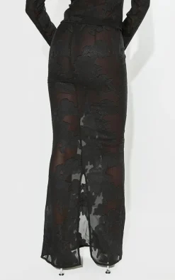 Tall Black Sheer Floral Mesh Maxi Skirt