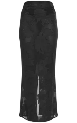 Tall Black Sheer Floral Mesh Maxi Skirt