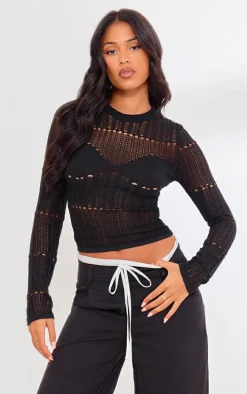 Tall Black Sheer Knit Long Sleeve Top